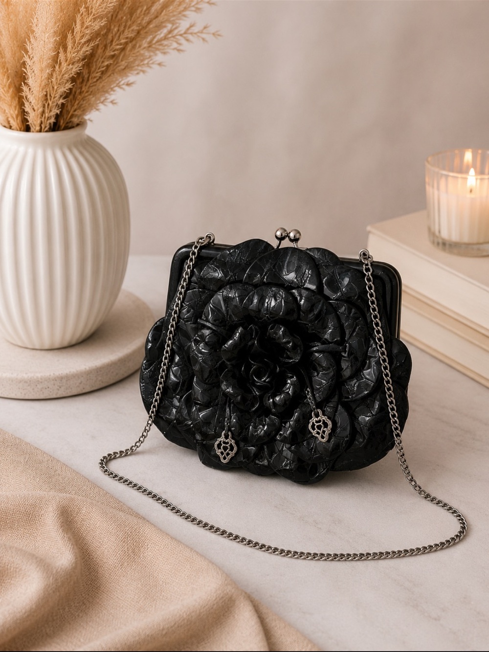 Brighton Black Floral Quilted Mini Crossbody with Chain